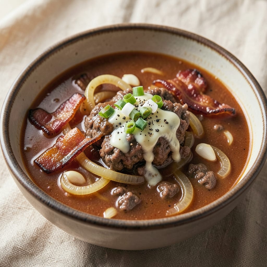 All-American Cheeseburger Soup Recipe: Juicy Ground Beef and Toasted Bacon Crunch