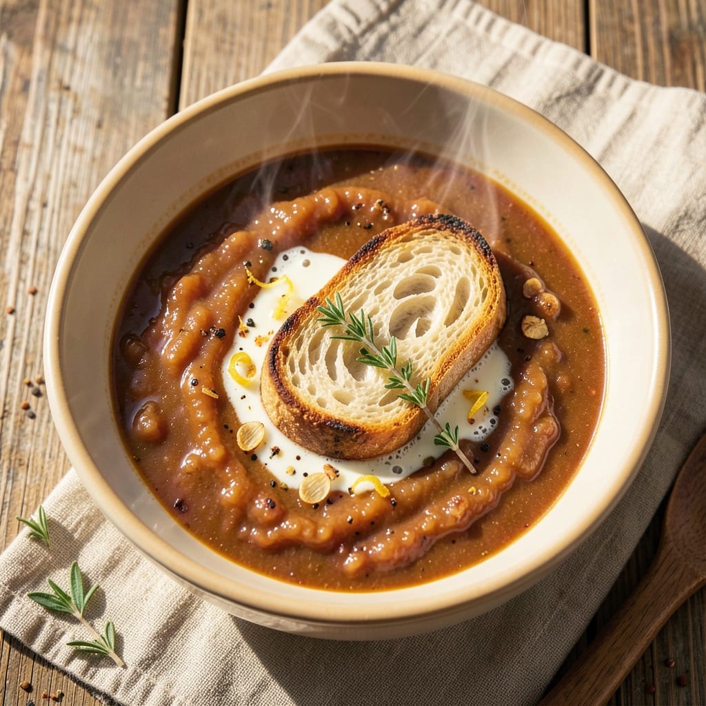 Alcohol-Free French Onion Soup Recipe: Caramelized Onions and Herbed Bread Topping
