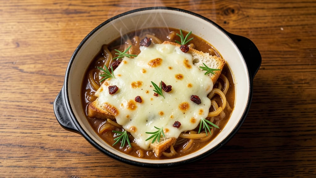Balthazar French Onion Soup Recipe: Toasted Baguette Crowns Over Melty Gruyère