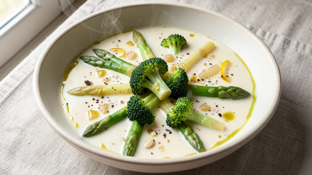 Asparagus and Broccoli Soup Recipe: Bright Green Velvety Blend With Crispy Topping